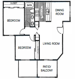 Floor plan for 2 beds, 1 bath, 800 sqft